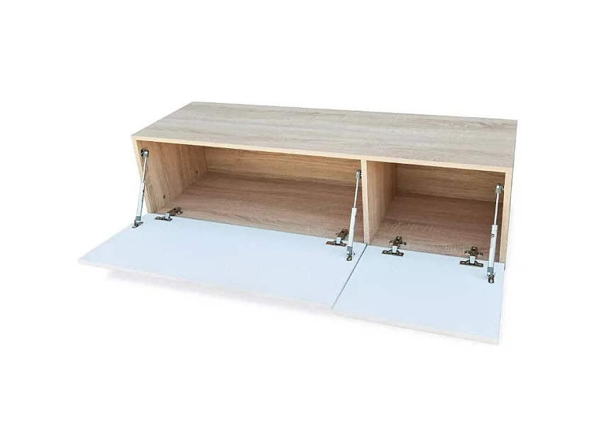 Meuble TV suspendu 2 portes bois laqué blanc et chêne clair Chickie L120xH34xP40