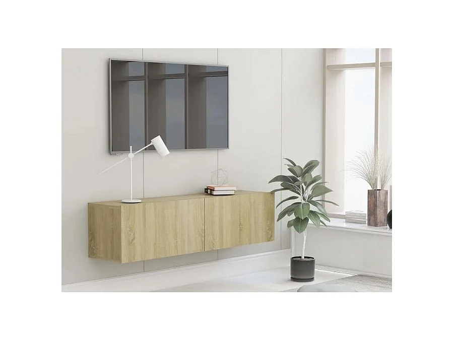 Meuble TV suspendu 2 portes bois chêne clair Oned 120cm