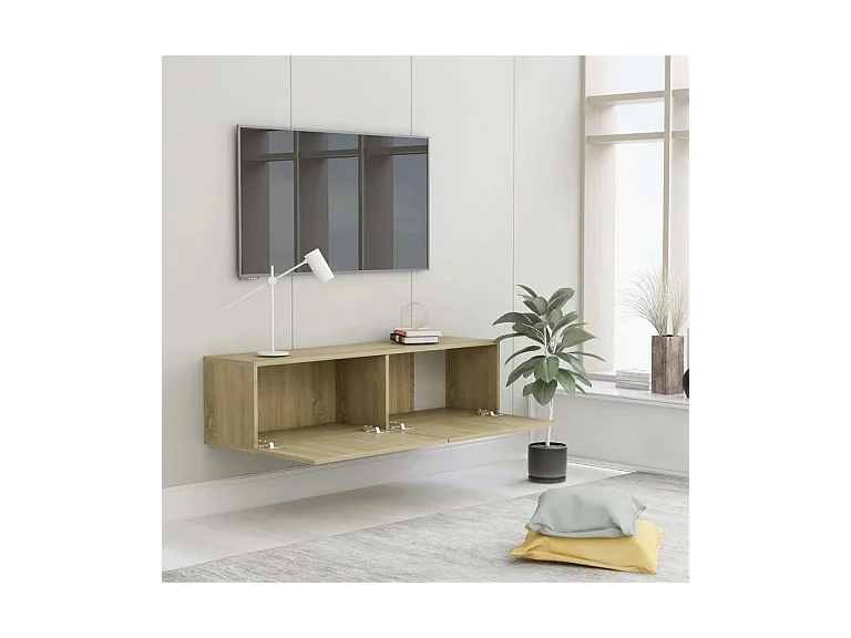 Meuble TV suspendu 2 portes bois chêne clair Oned 120cm