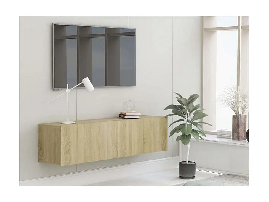 Meuble TV suspendu 2 portes bois chêne clair Oned 120cm