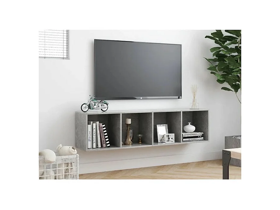 Meuble TV suspendu 4 niches bois gris effet béton Neone 143cm