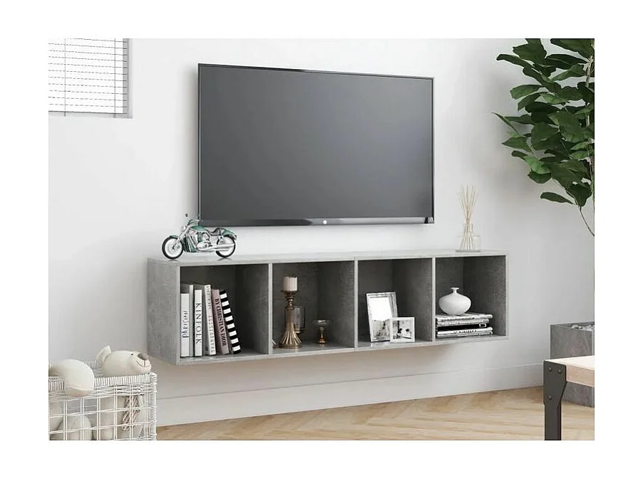 Meuble TV suspendu 4 niches bois gris effet béton Neone 143cm