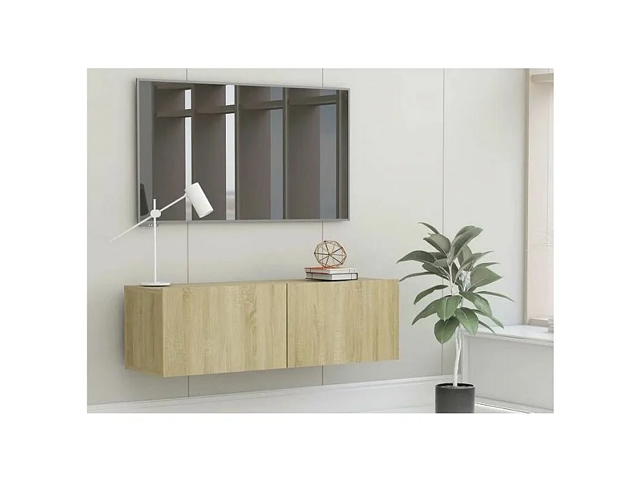 Meuble TV suspendu 2 portes bois chêne clair Oned 100cm