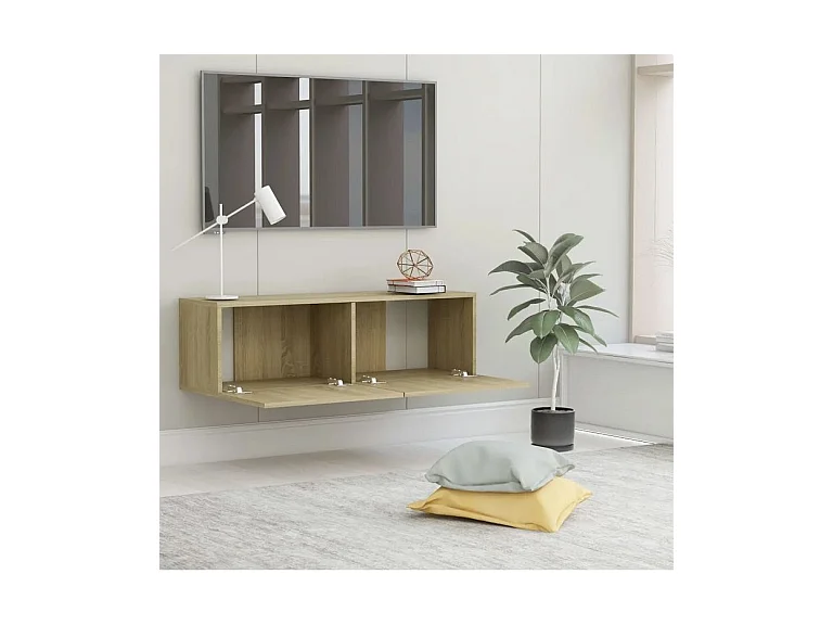 Meuble TV suspendu 2 portes bois chêne clair Oned 100cm