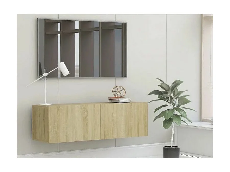 Meuble TV suspendu 2 portes bois chêne clair Oned 100cm