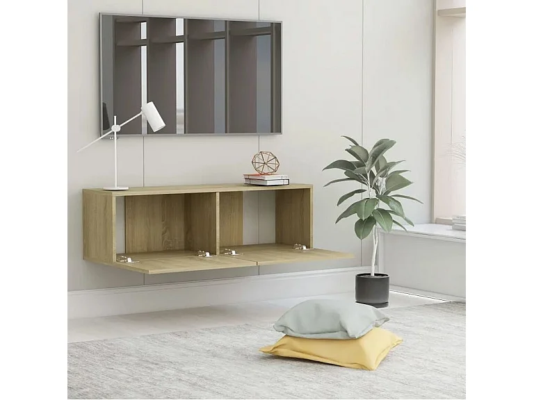 Meuble TV suspendu 2 portes bois chêne clair Oned 100cm