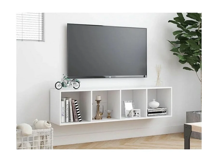 Meuble TV suspendu 4 niches bois blanc Neone 143cm