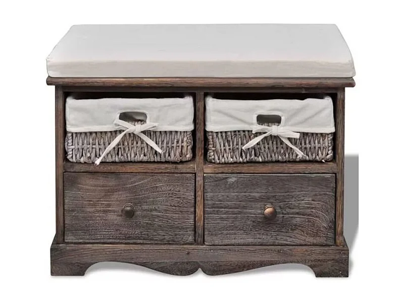 Banc de rangement 2 tiroirs et 2 paniers bois massif foncé Poupa