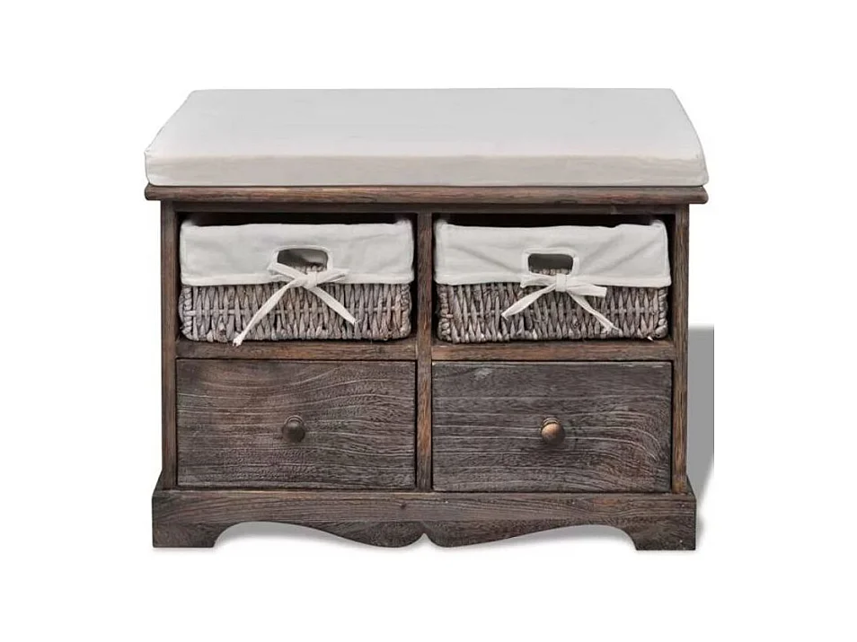 Banc de rangement 2 tiroirs et 2 paniers bois massif foncé Poupa