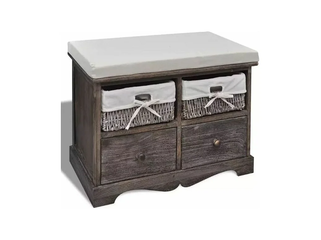 Banc de rangement 2 tiroirs et 2 paniers bois massif foncé Poupa