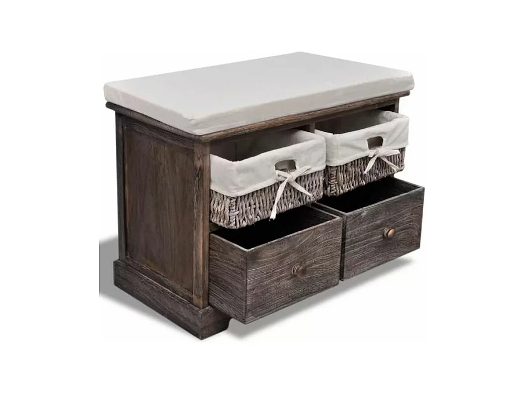 Banc de rangement 2 tiroirs et 2 paniers bois massif foncé Poupa