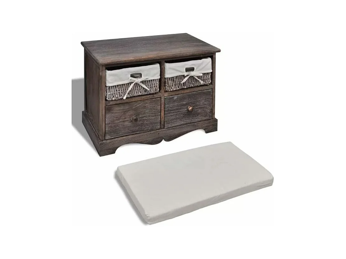 Banc de rangement 2 tiroirs et 2 paniers bois massif foncé Poupa