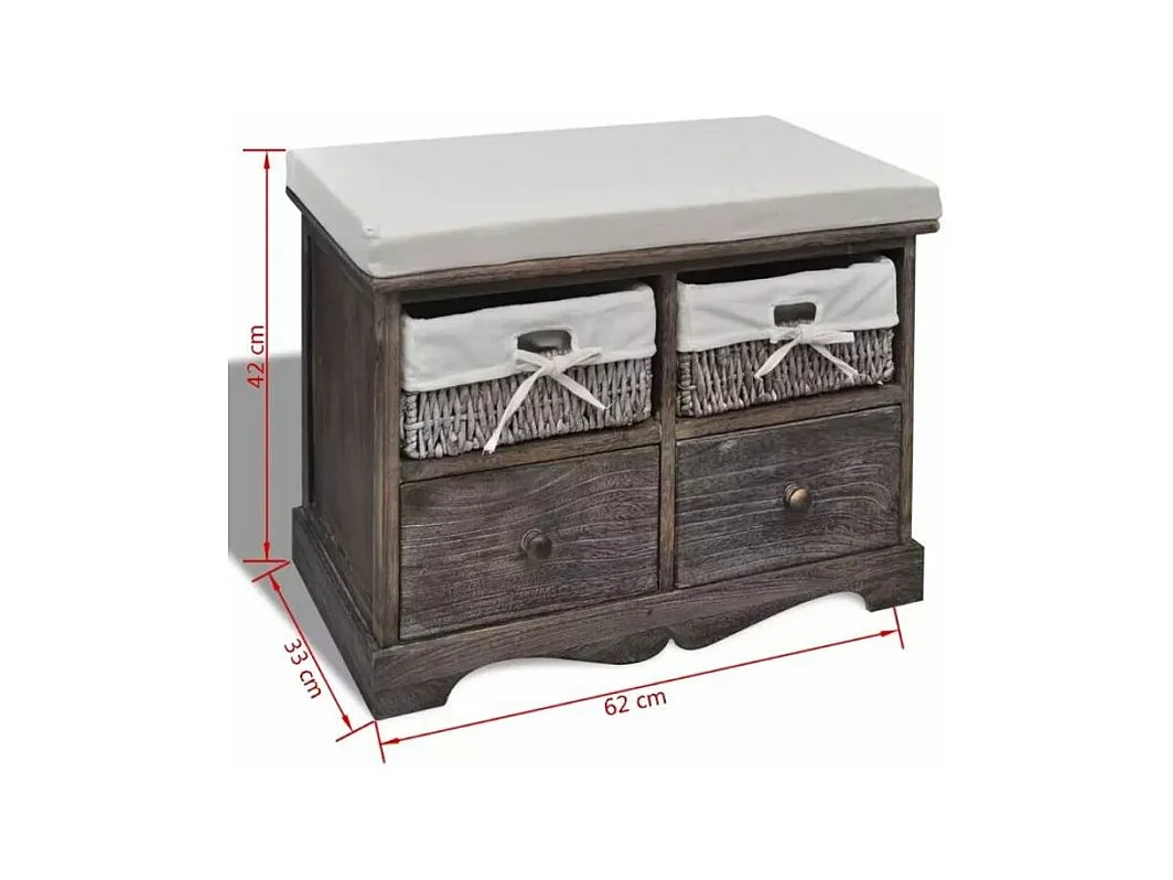 Banc de rangement 2 tiroirs et 2 paniers bois massif foncé Poupa