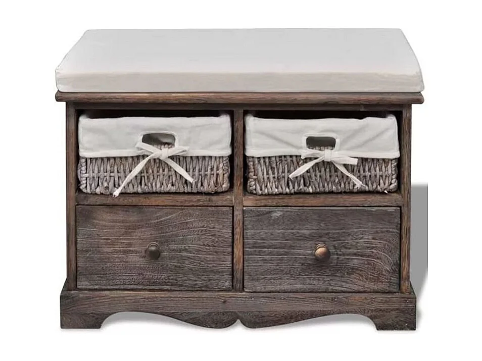 Banc de rangement 2 tiroirs et 2 paniers bois massif foncé Poupa