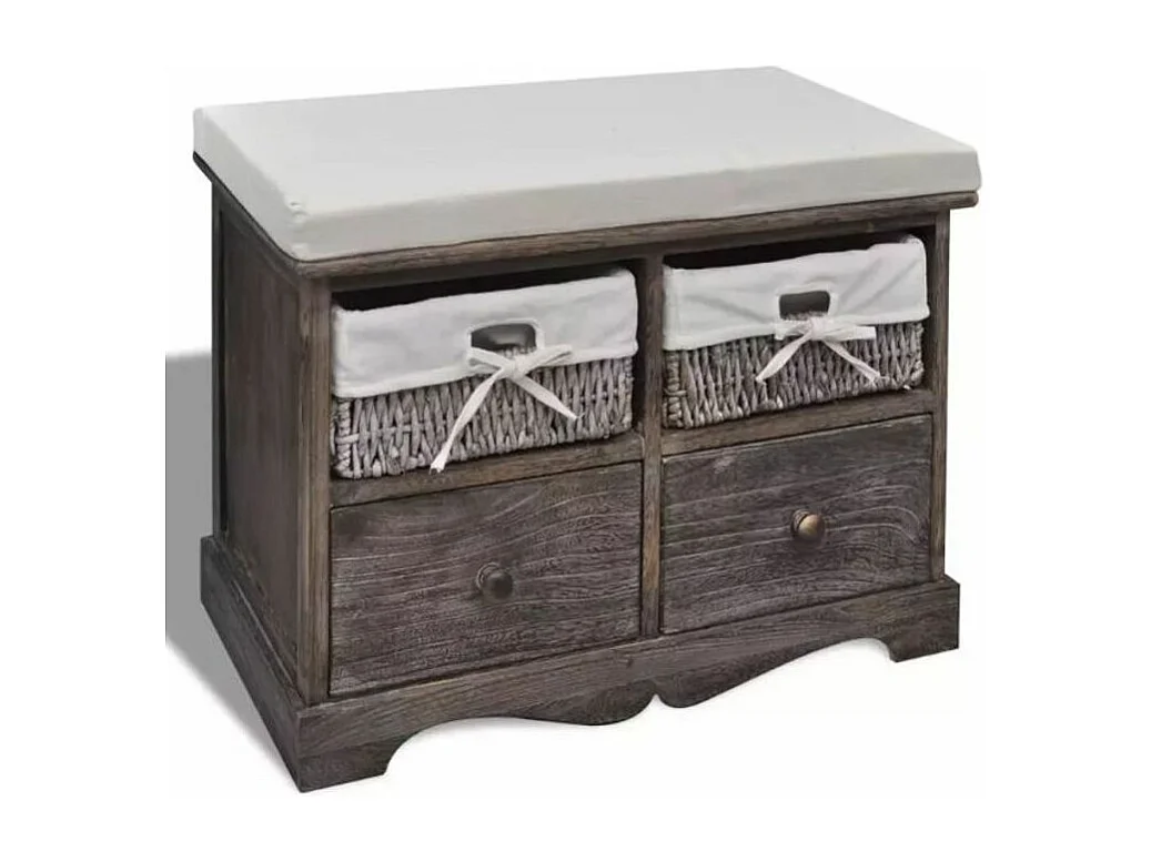 Banc de rangement 2 tiroirs et 2 paniers bois massif foncé Poupa