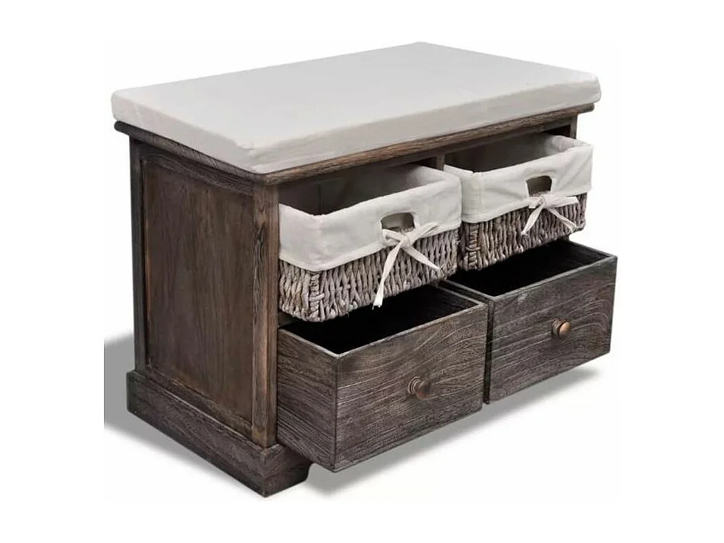 Banc de rangement 2 tiroirs et 2 paniers bois massif foncé Poupa