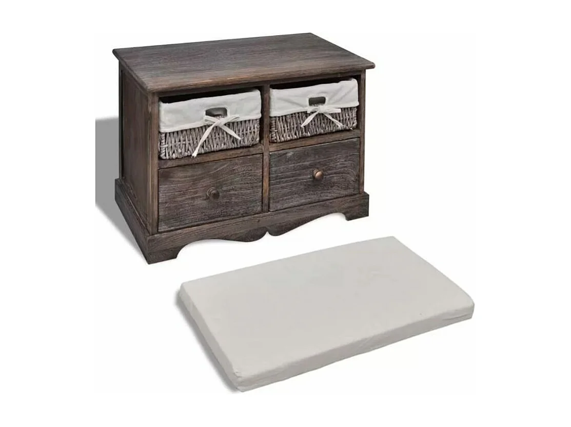 Banc de rangement 2 tiroirs et 2 paniers bois massif foncé Poupa