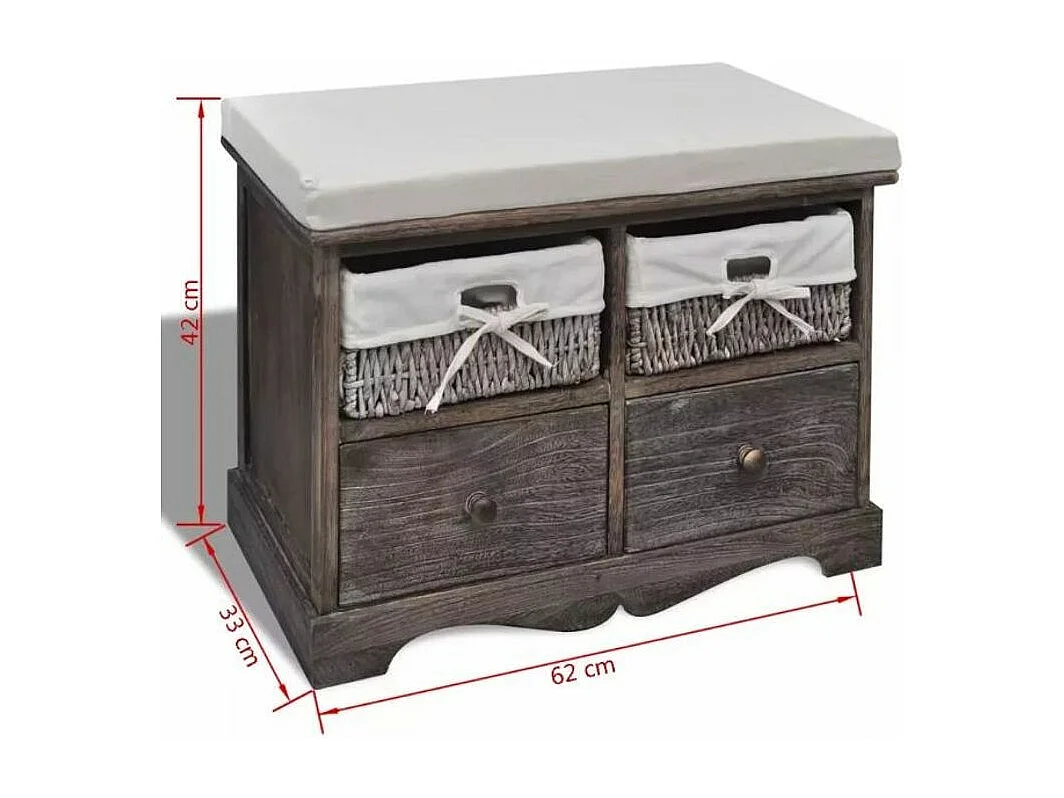 Banc de rangement 2 tiroirs et 2 paniers bois massif foncé Poupa