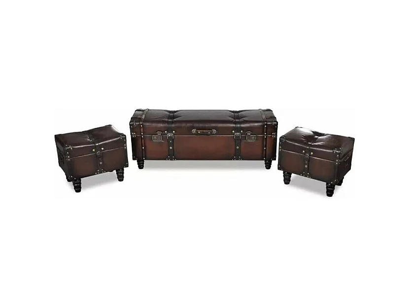 Banquette coffre capitonnée avec poufs similicuir marron Pouly - Lot de 3