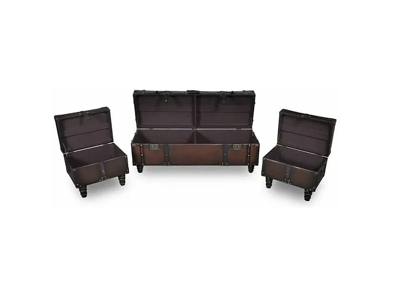 Banquette coffre capitonnée avec poufs similicuir marron Pouly - Lot de 3