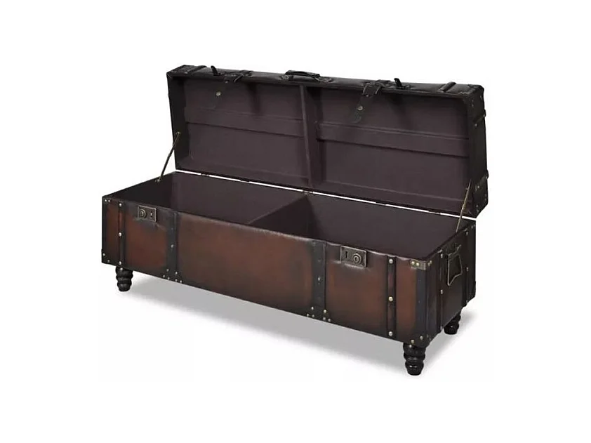 Banquette coffre capitonnée avec poufs similicuir marron Pouly - Lot de 3
