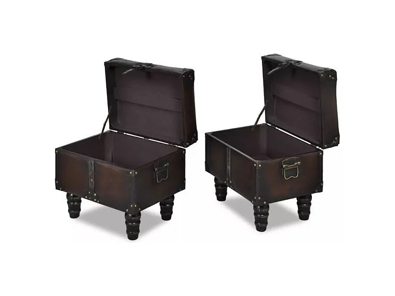 Banquette coffre capitonnée avec poufs similicuir marron Pouly - Lot de 3