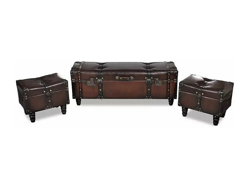 Banquette coffre capitonnée avec poufs similicuir marron Pouly - Lot de 3