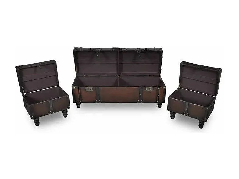 Banquette coffre capitonnée avec poufs similicuir marron Pouly - Lot de 3