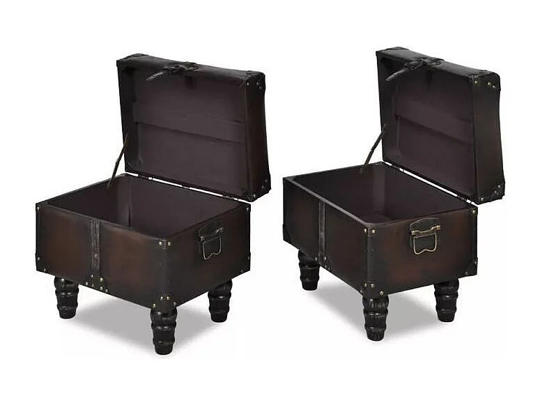 Banquette coffre capitonnée avec poufs similicuir marron Pouly - Lot de 3