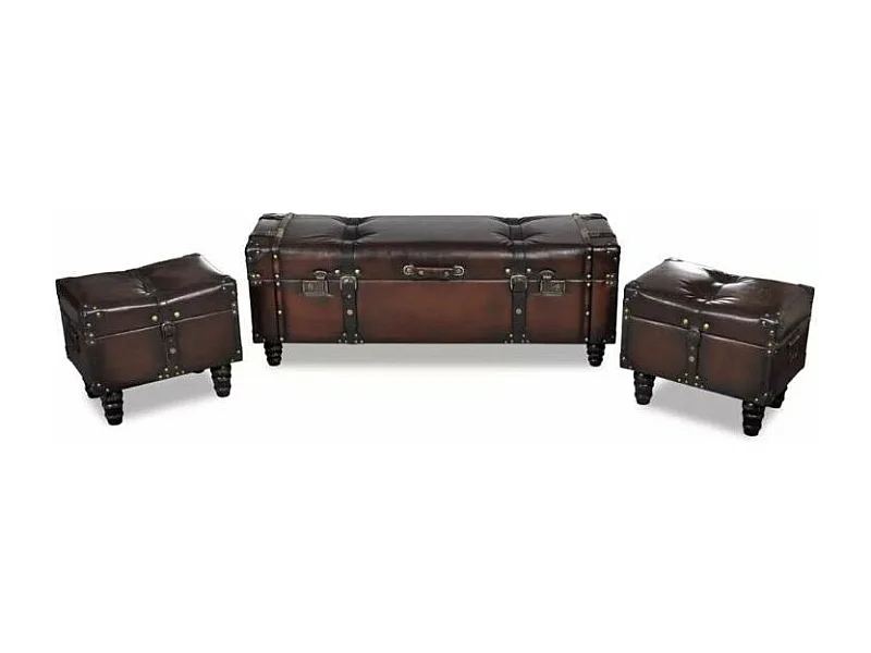Banquette coffre capitonnée avec poufs similicuir marron Pouly - Lot de 3