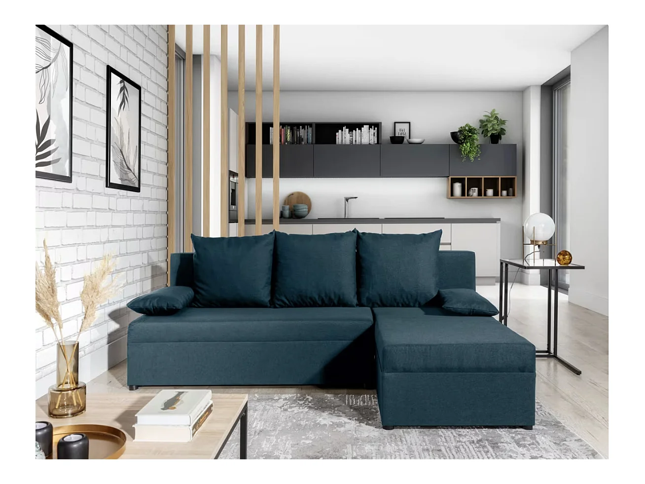 Canapé convertible angle réversible tissu bleu foncé Gary 206cm