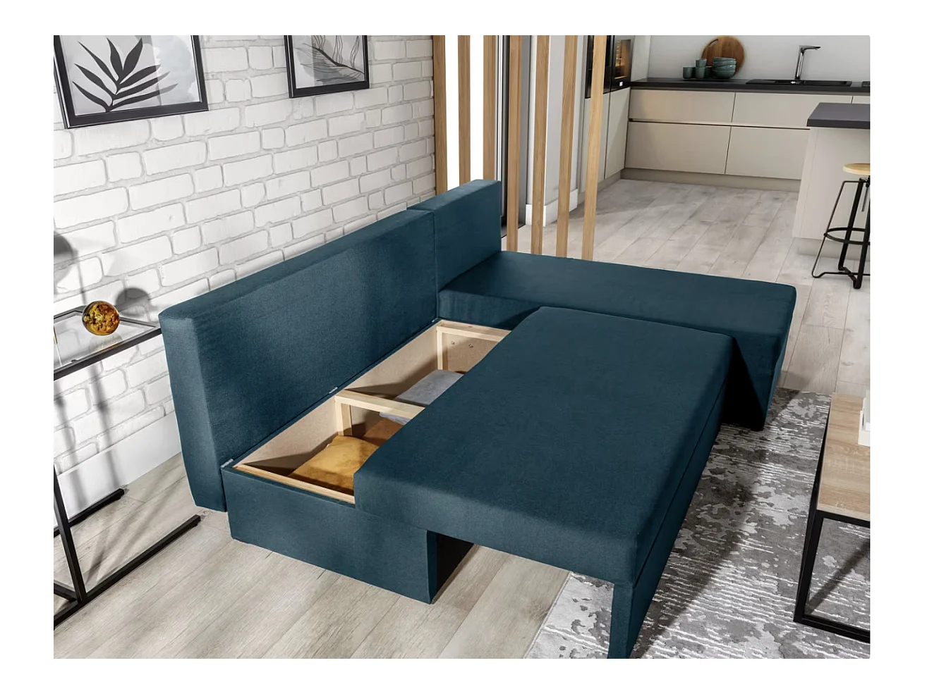 Canapé convertible angle réversible tissu bleu foncé Gary 206cm