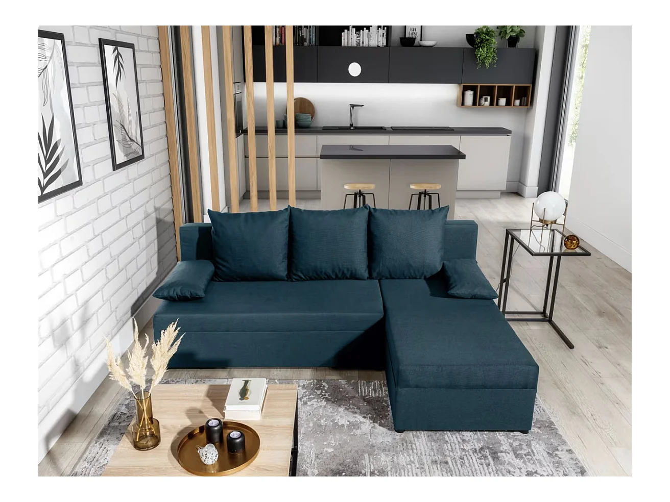 Canapé convertible angle réversible tissu bleu foncé Gary 206cm