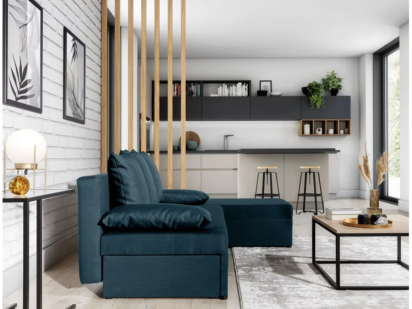 Canapé convertible angle réversible tissu bleu foncé Gary 206cm