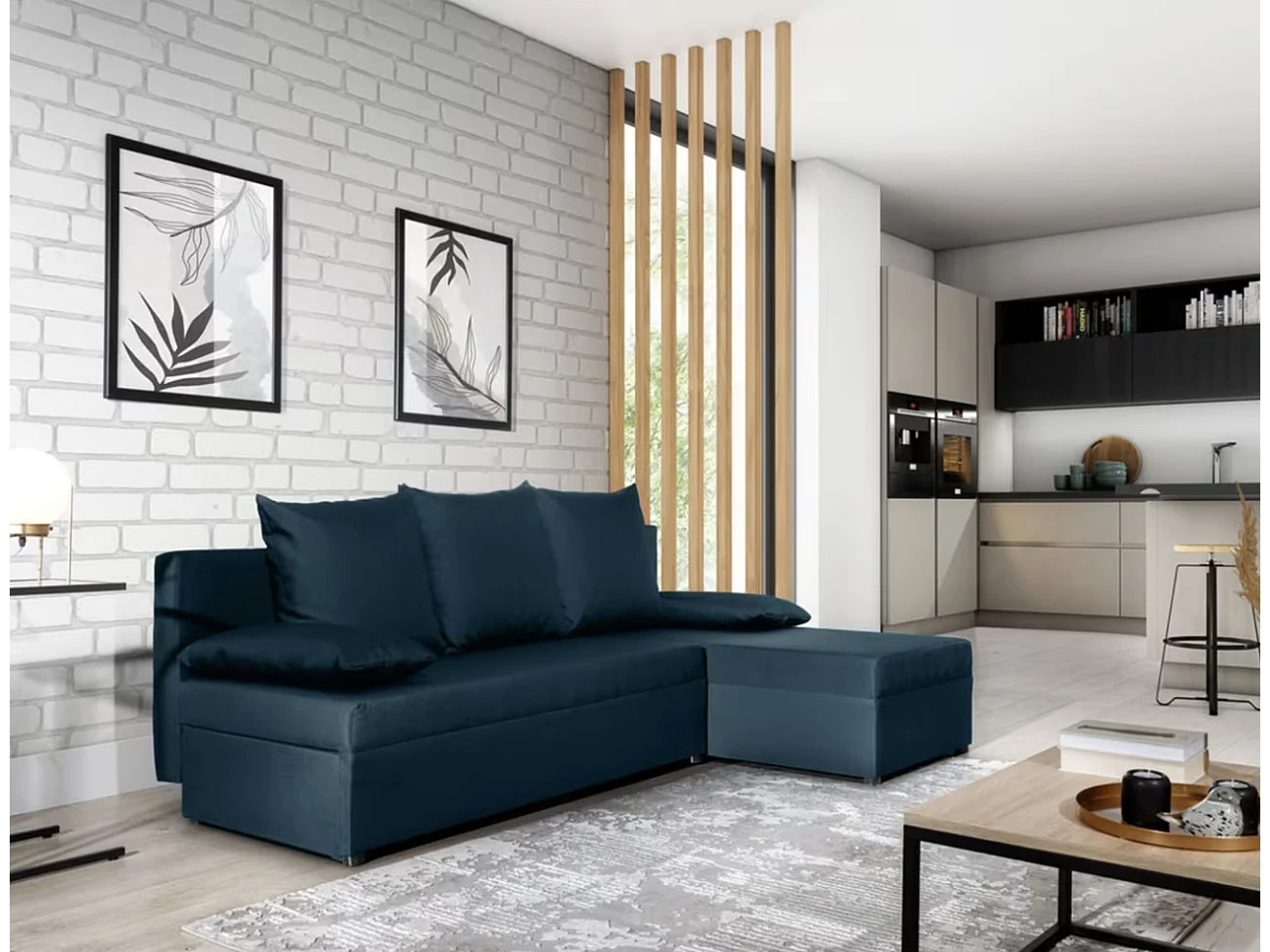 Canapé convertible angle réversible tissu bleu foncé Gary 206cm