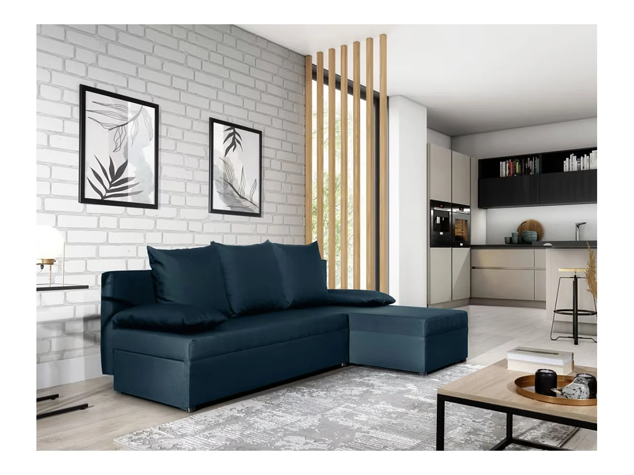 Canapé convertible angle réversible tissu bleu foncé Gary 206cm