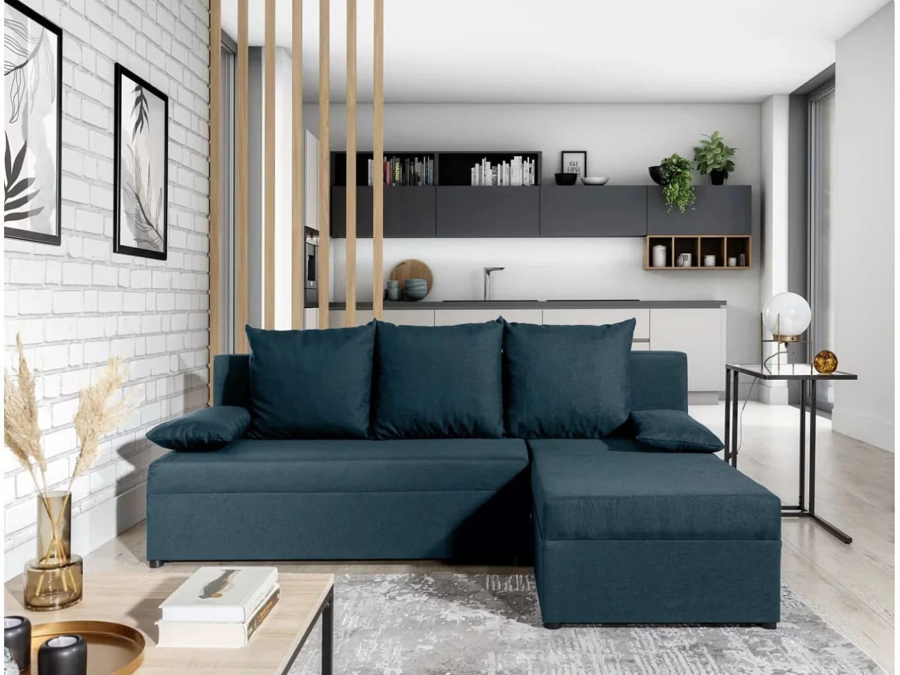 Canapé convertible angle réversible tissu bleu foncé Gary 206cm