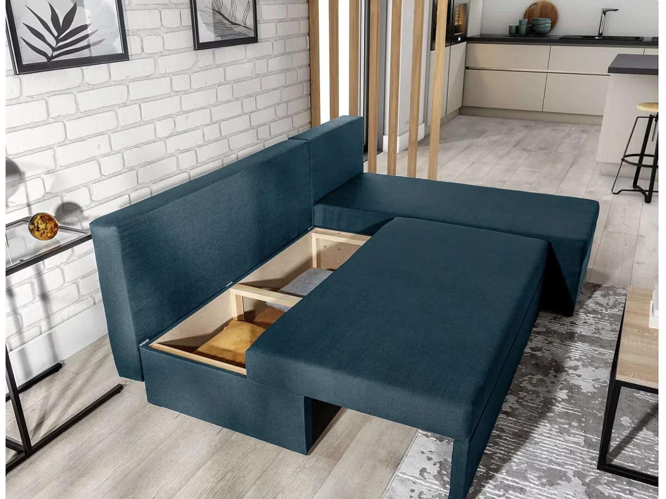 Canapé convertible angle réversible tissu bleu foncé Gary 206cm