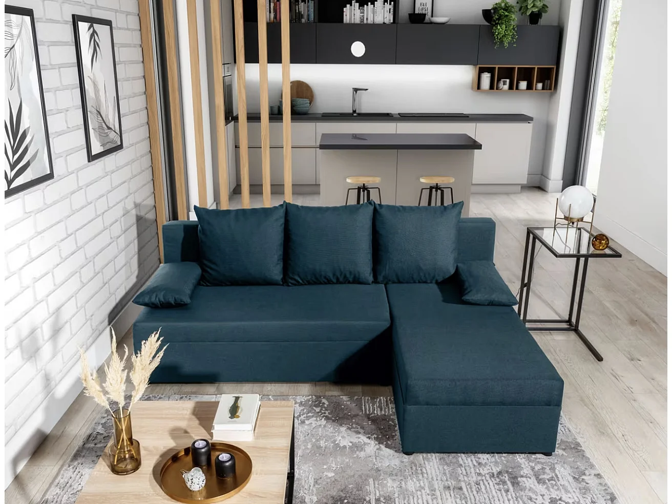 Canapé convertible angle réversible tissu bleu foncé Gary 206cm