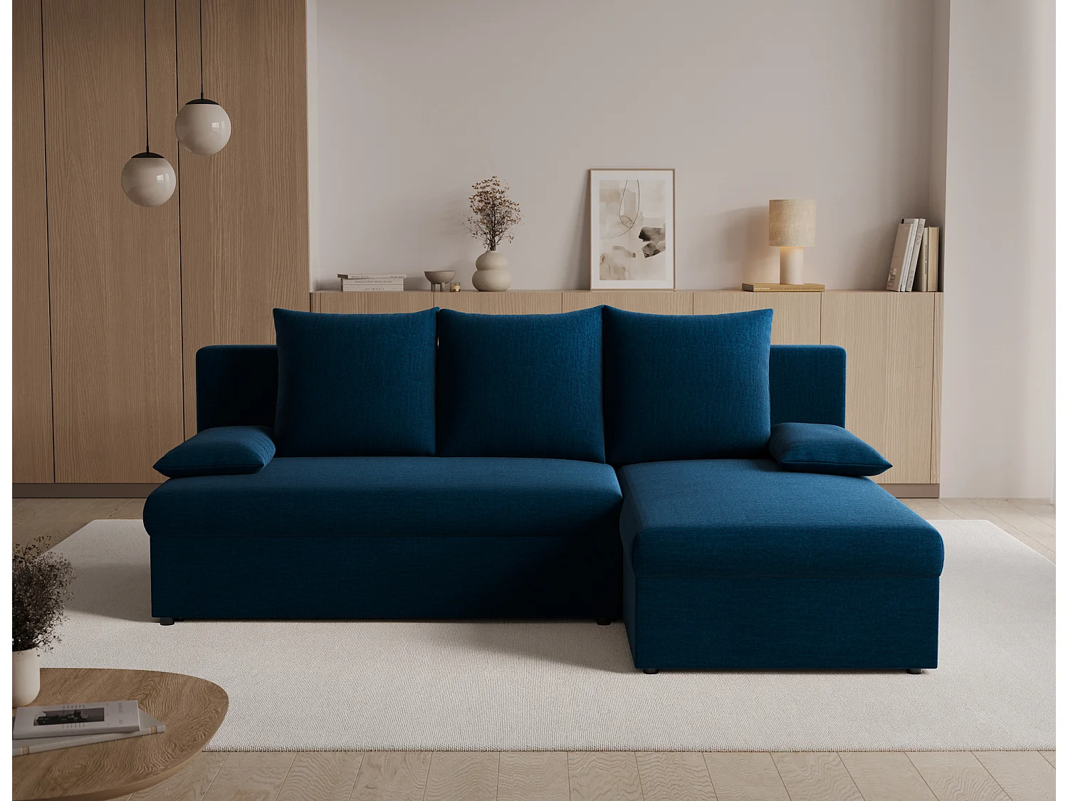 Canapé d’angle réversible convertible GARY en tissu côtelé – 206cm-Bleu foncé