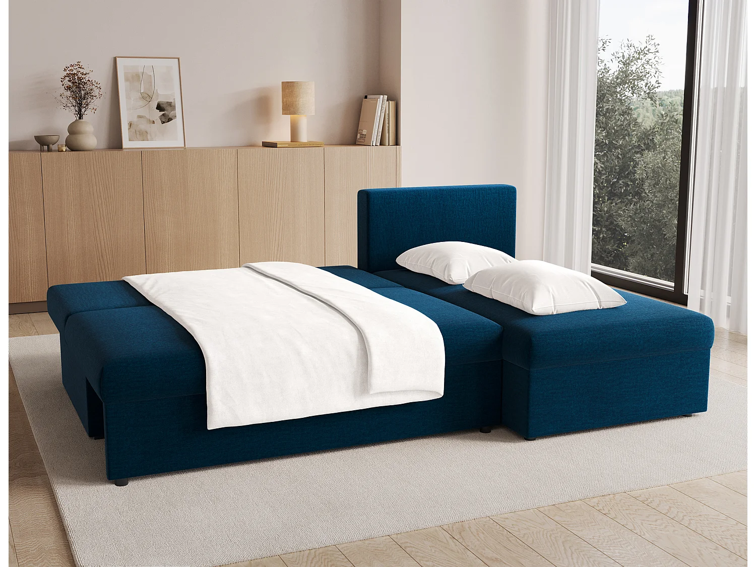 Canapé d’angle réversible convertible GARY en tissu côtelé – 206cm-Bleu foncé