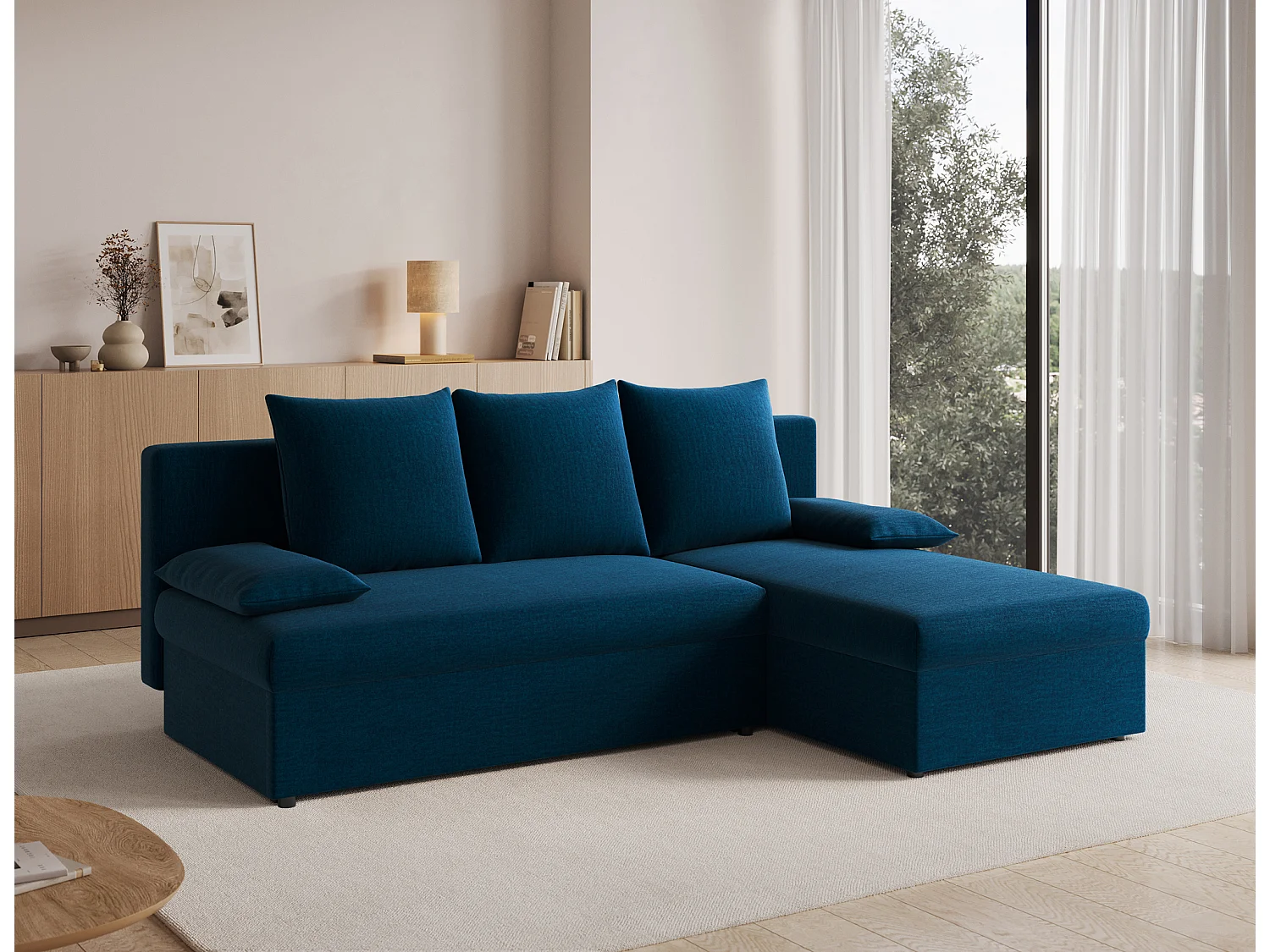 Canapé d’angle réversible convertible GARY en tissu côtelé – 206cm-Bleu foncé