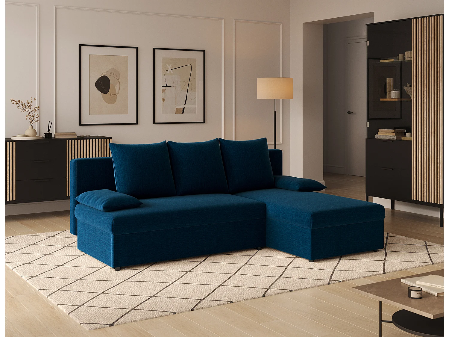 Canapé d’angle réversible convertible GARY en tissu côtelé – 206cm-Bleu foncé