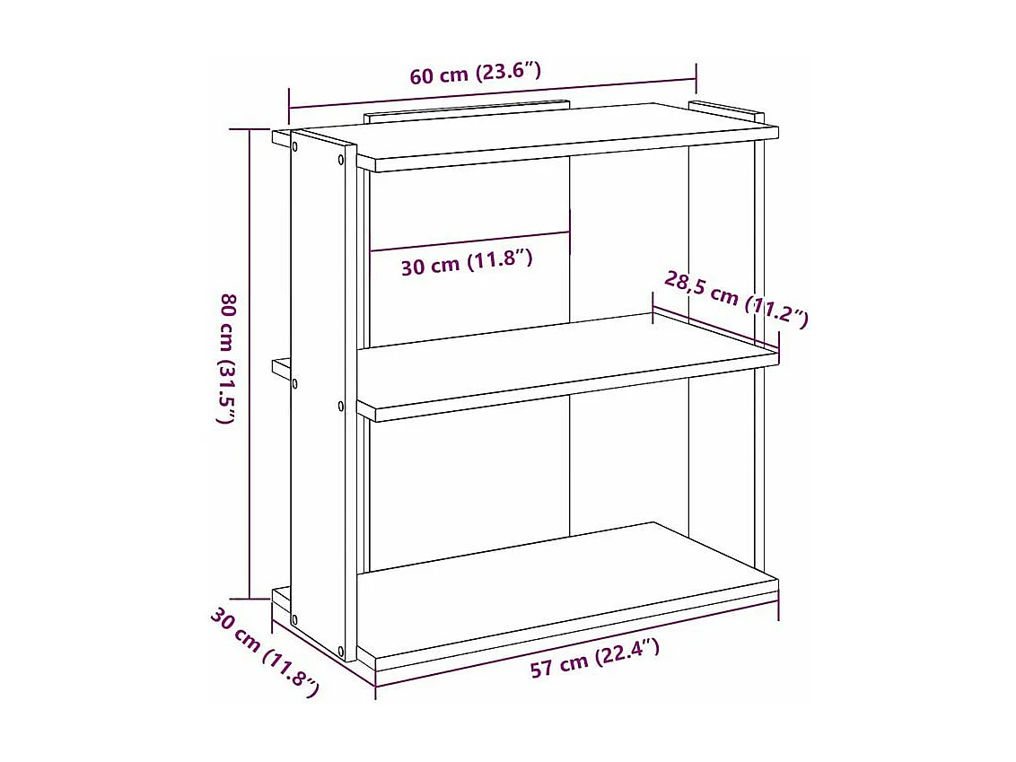 Bibliothèque 3 niveaux chêne fumé 60x30x80 bois d'ingénierie