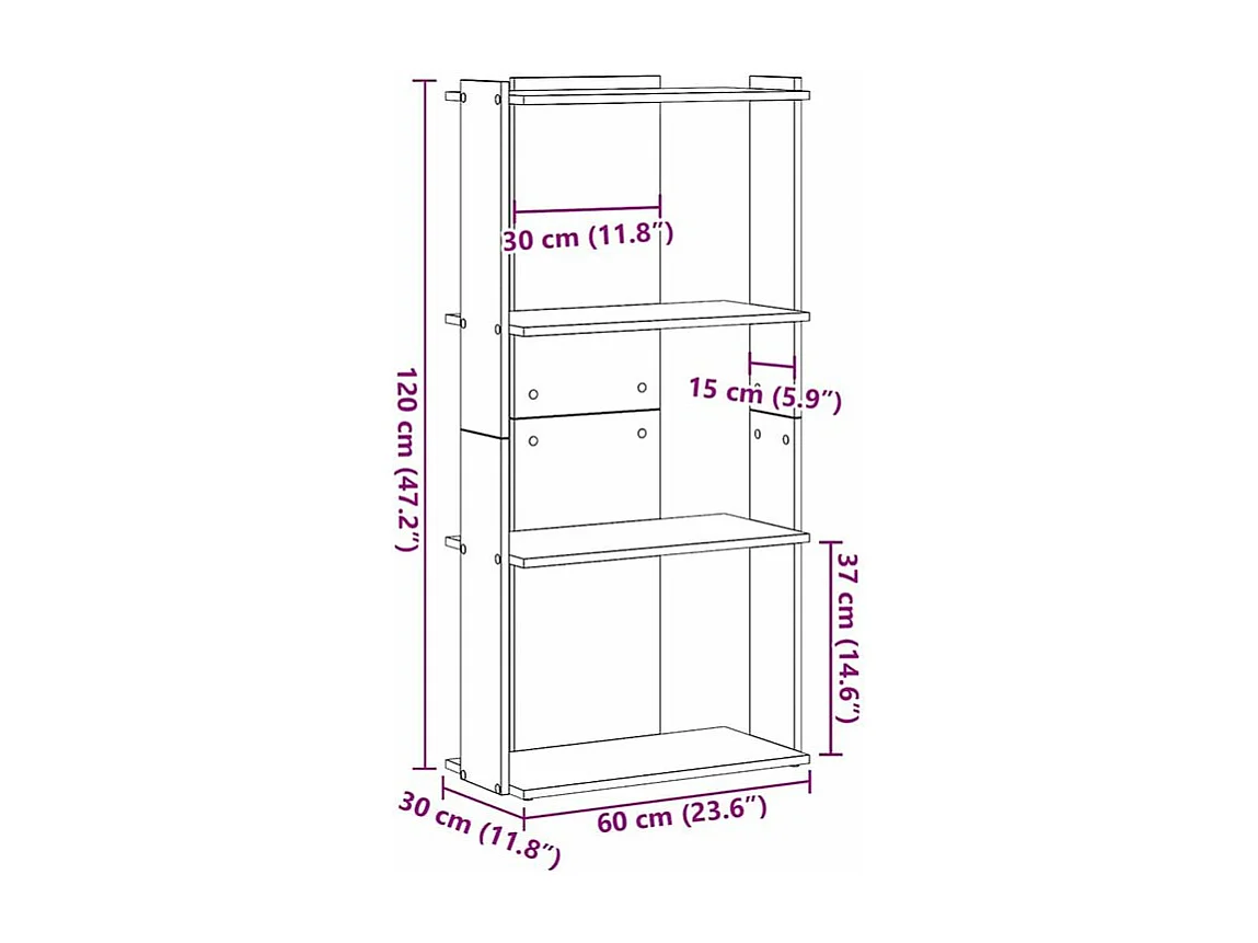 Bibliothèque à 3 niveaux vieux bois 60x30x120 bois ingénierie