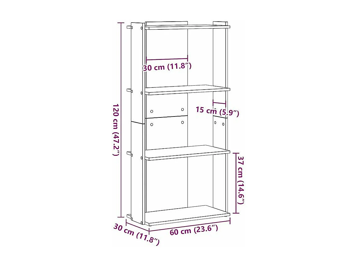 Bibliothèque à 3 niveaux noir 60x30x120 bois d'ingénierie