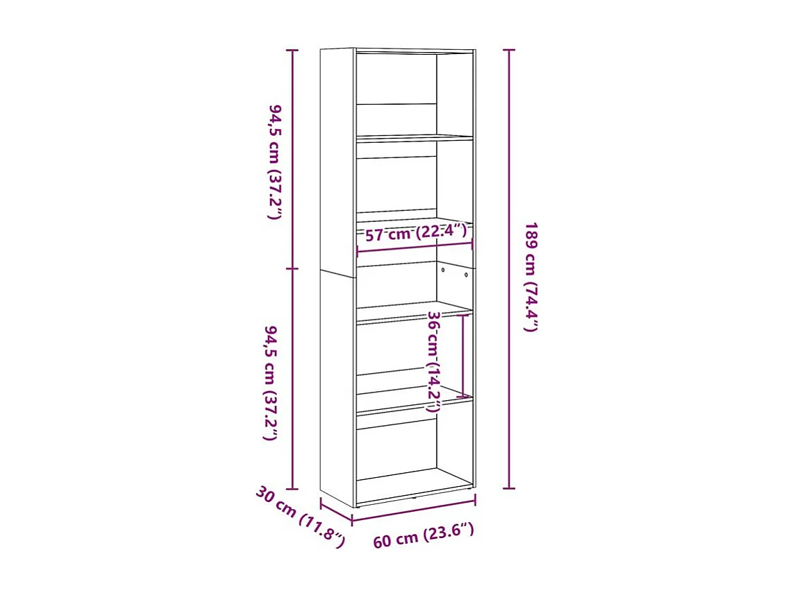 Bibliothèque gris béton 60x30x189 bois d'ingénierie