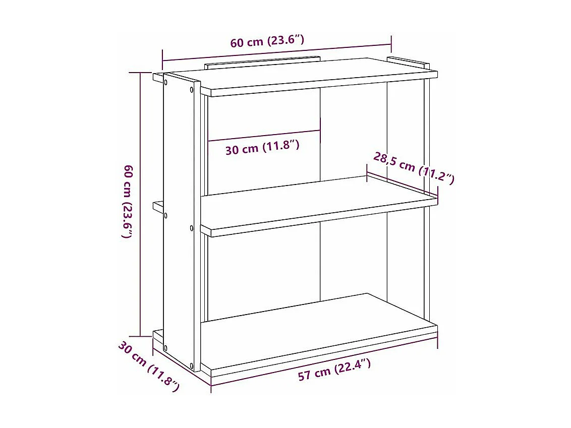Bibliothèque à 3 niveaux noir 60x30x60 bois d'ingénierie