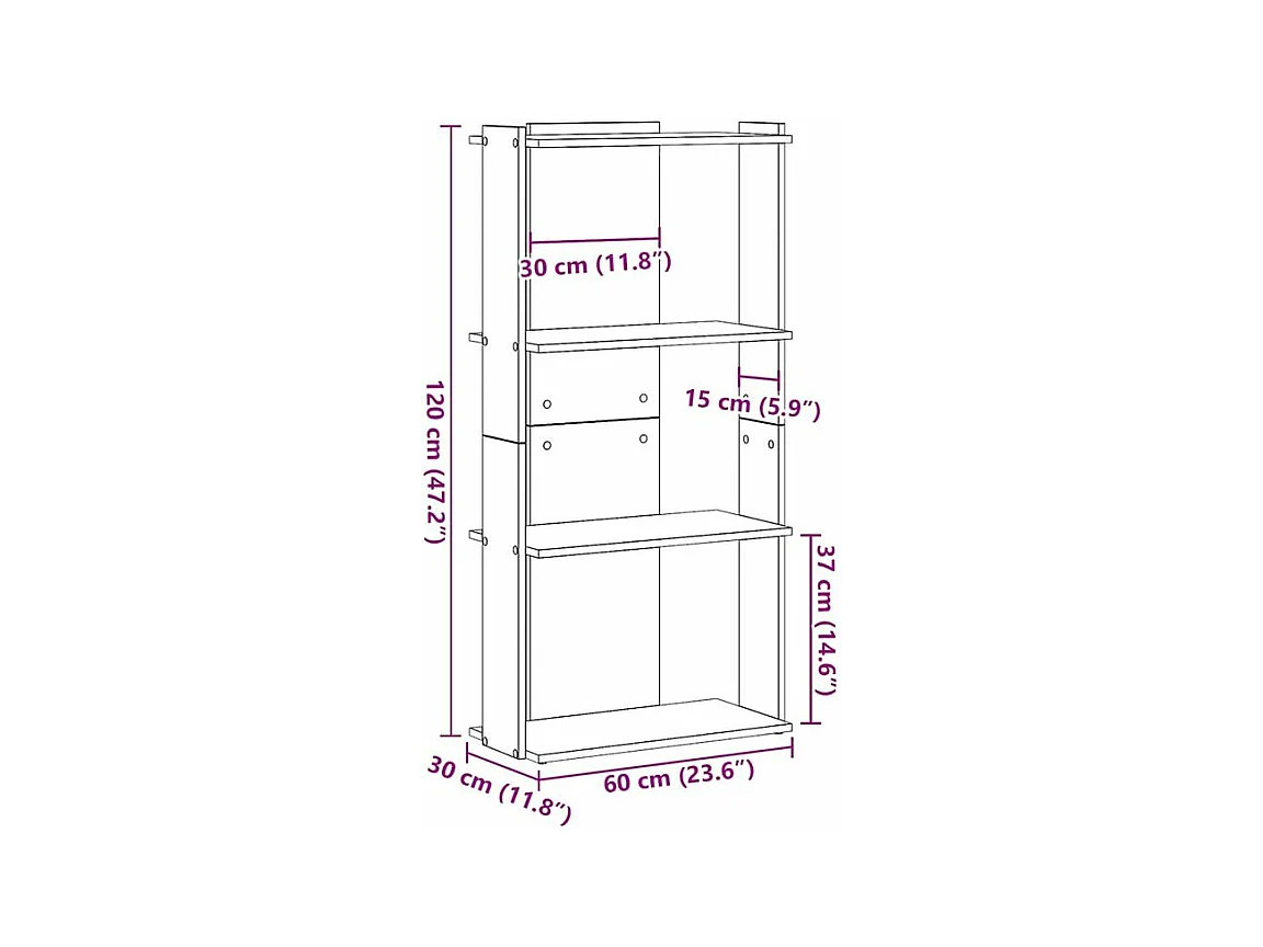 Bibliothèque 3 niveaux chêne fumé 60x30x120 bois d'ingénierie
