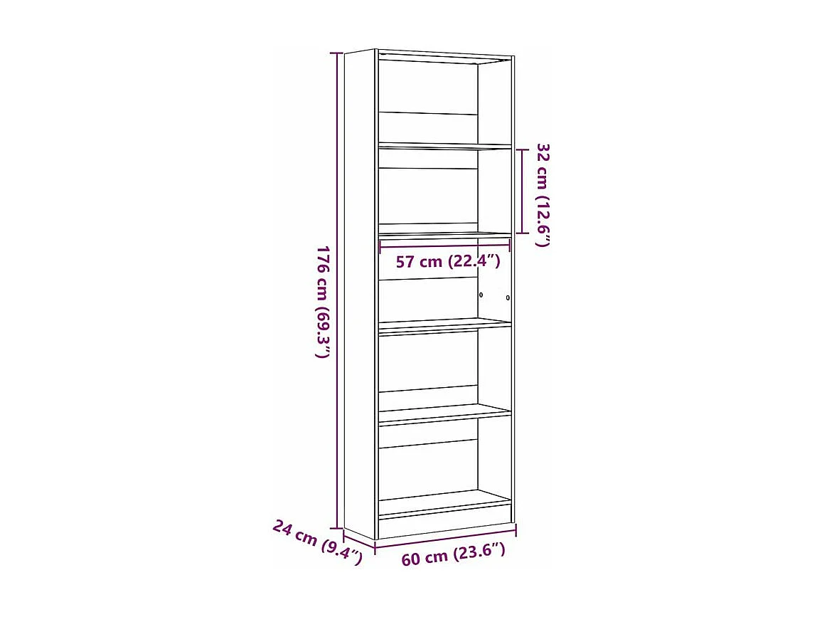 Bibliothèque gris béton 60x24x176 bois d'ingénierie